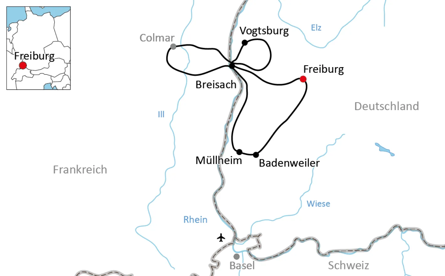 Map for the cycle tour around the Kaiserstuhl