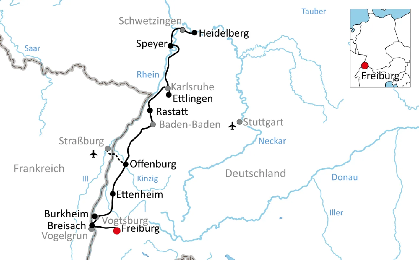 Map of the Rhine bike tour from Freiburg to Heidelberg