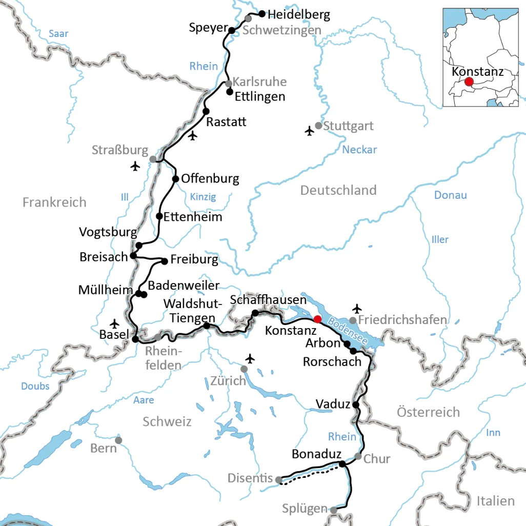 Map for the cycling vacation along the Rhine