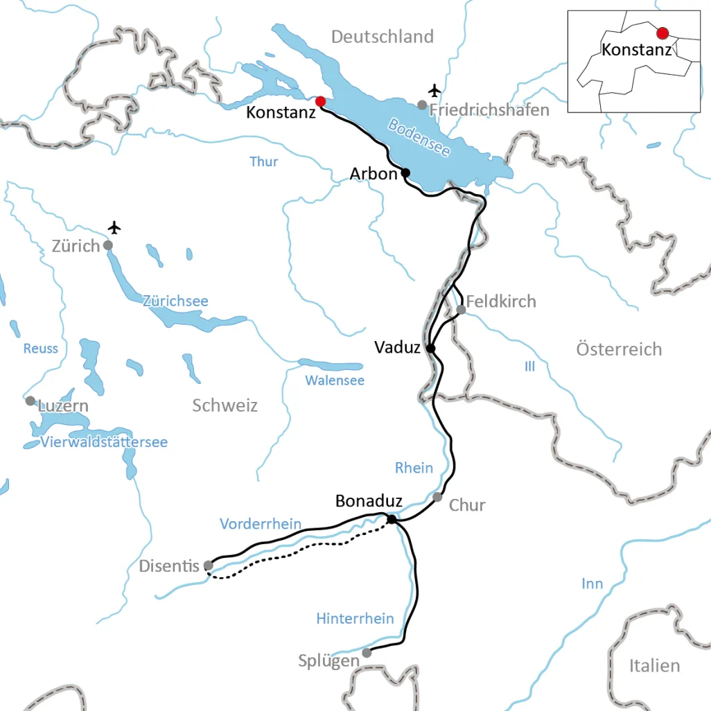 Map of the Rhine bike tour in Switzerland