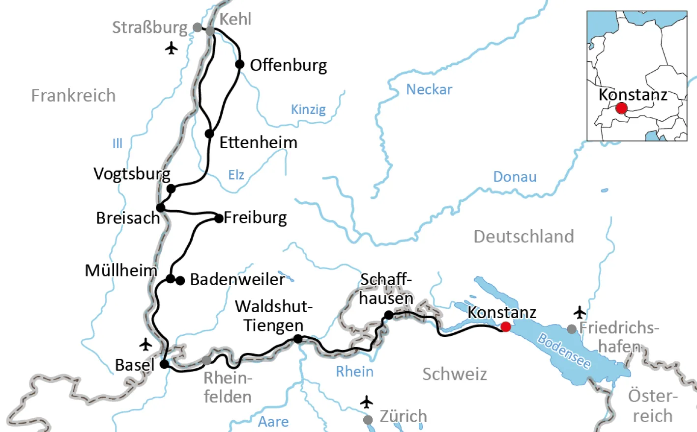 Map of the tour on the Rhine Valley Cycle Route from Constance to Strasbourg