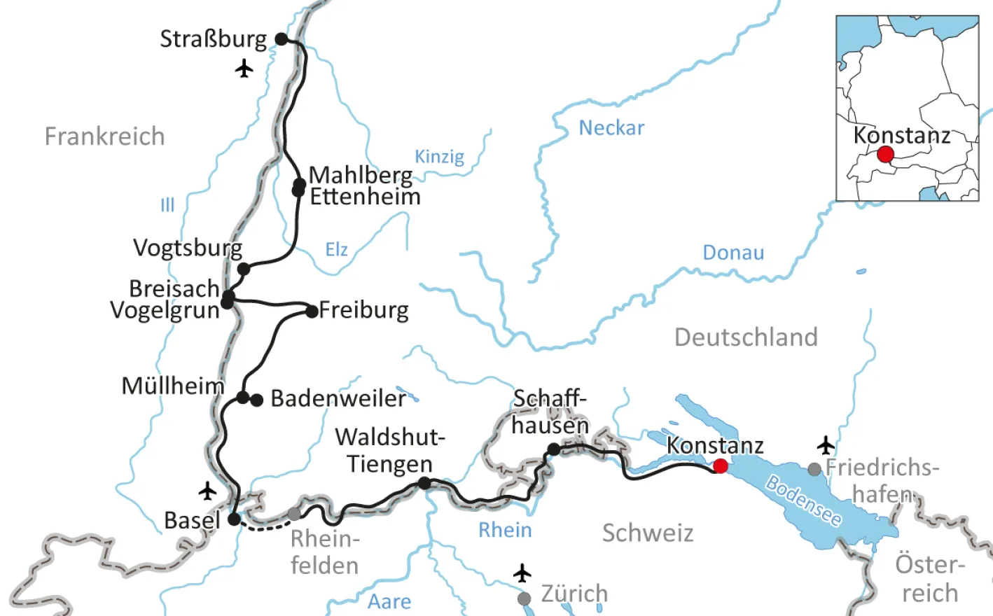 Map for the tour on the Rhine Valley cycle path from Constance to Strasbourg