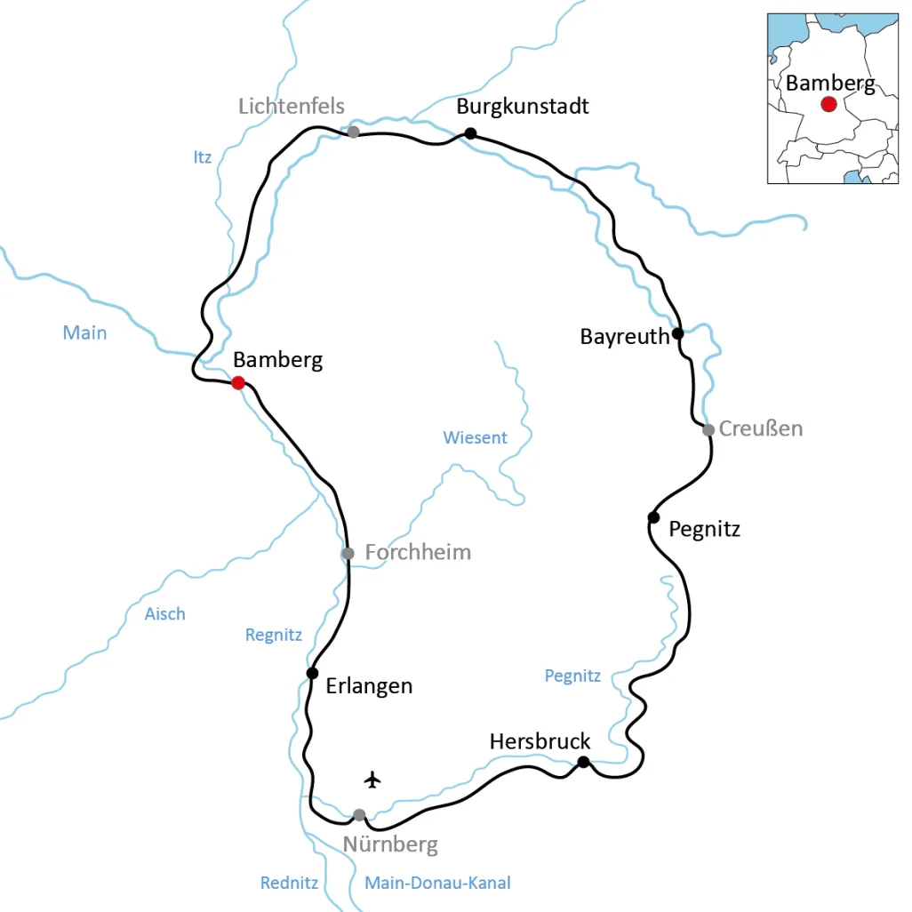 Map for bike tour through Franconia