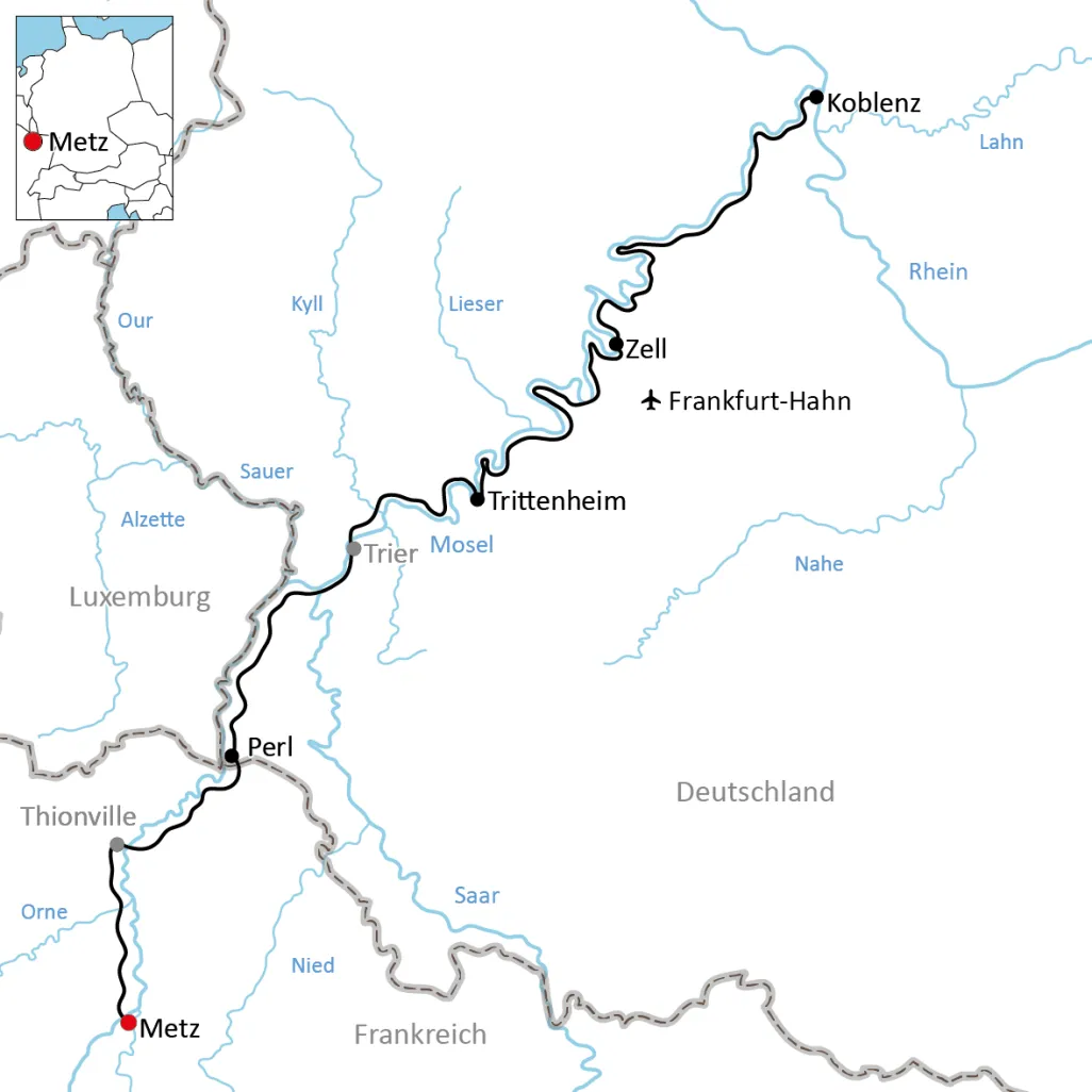 Map of the bike tour from Metz to Koblenz