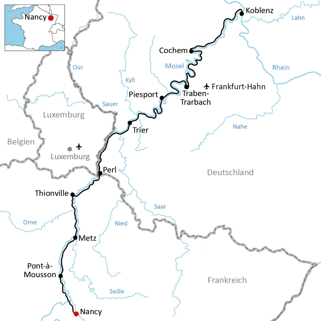 Map for cycling tour along the Moselle in Lorraine