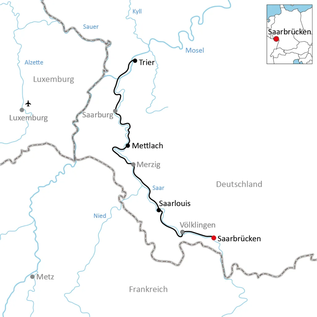 Map of the cycle tour along the Saar