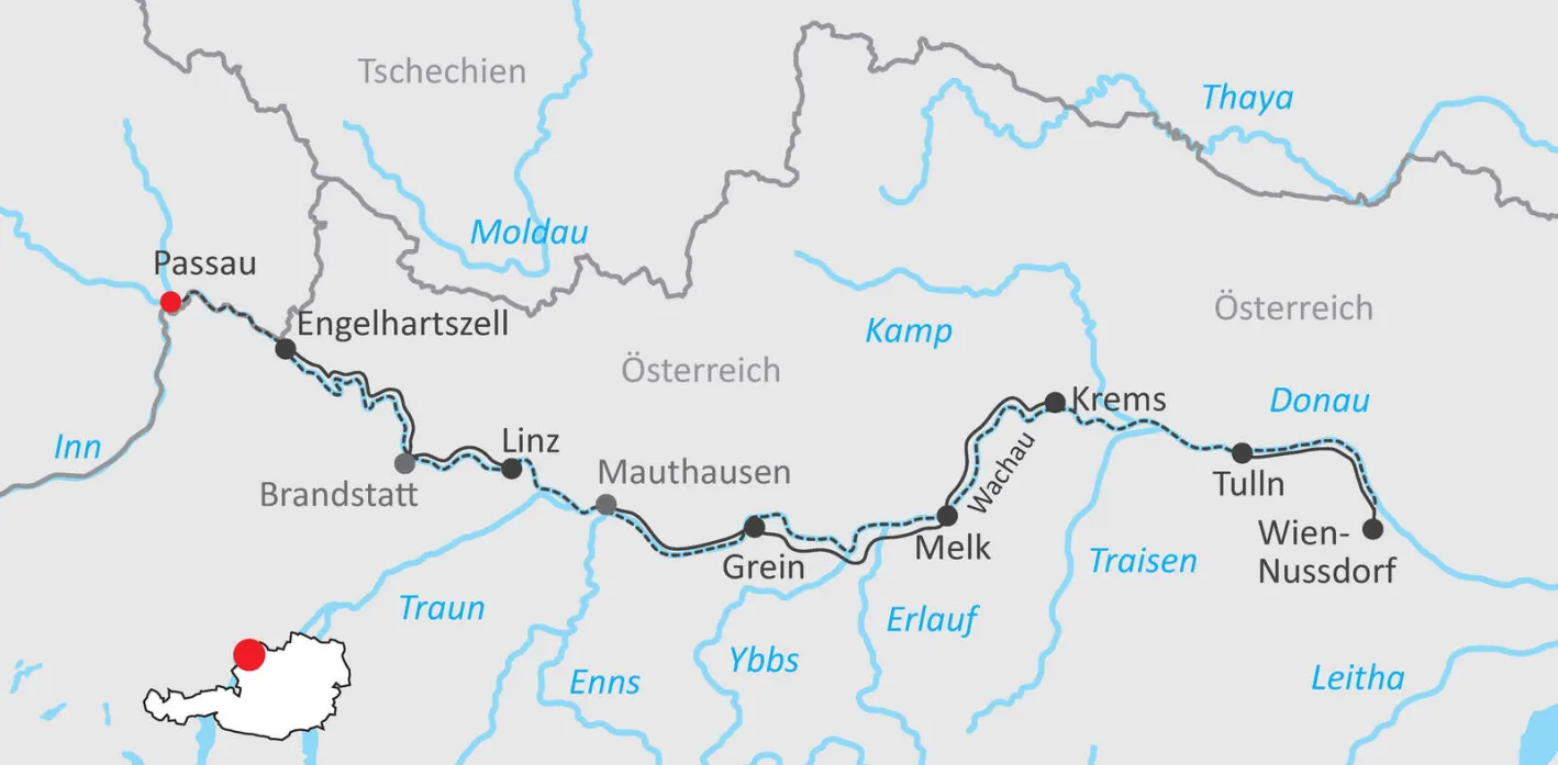 Map Danube cruise from Passau to Vienna
