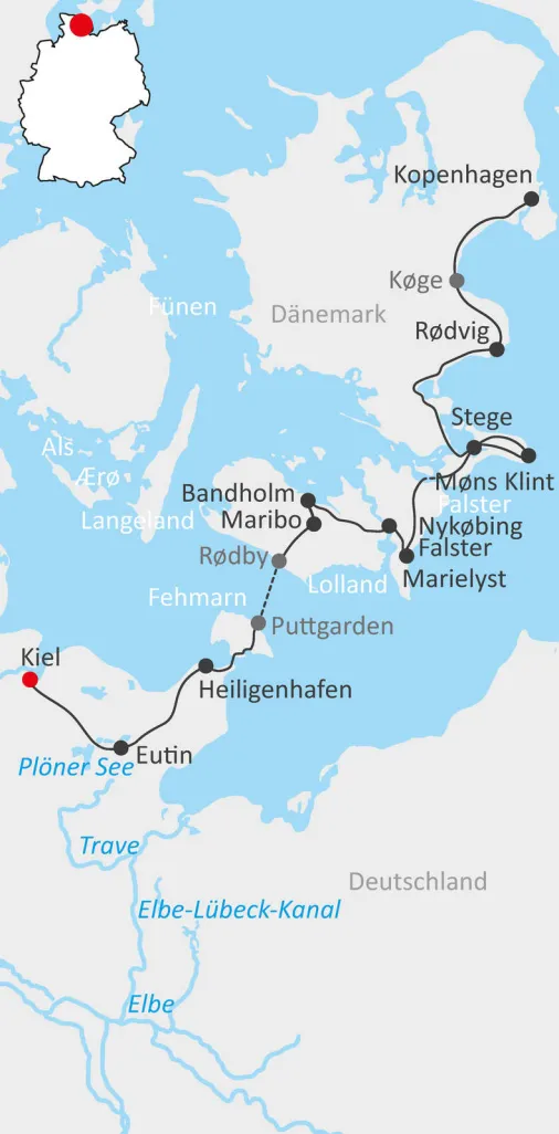 Map cycle tour from Kiel to Copenhagen