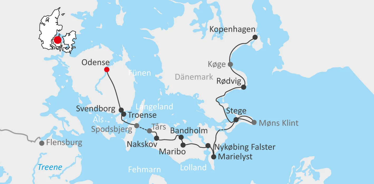 Map for cycle tour from Odense to Copenhagen