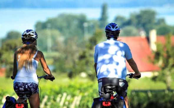 Cyclists on a cycling trip at Lake Constance