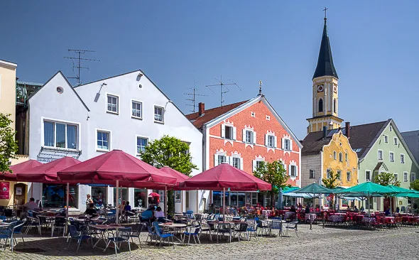 Market square in Kelheim, church
