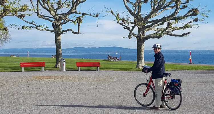 Man in front of Lake Constance Alps Panorama