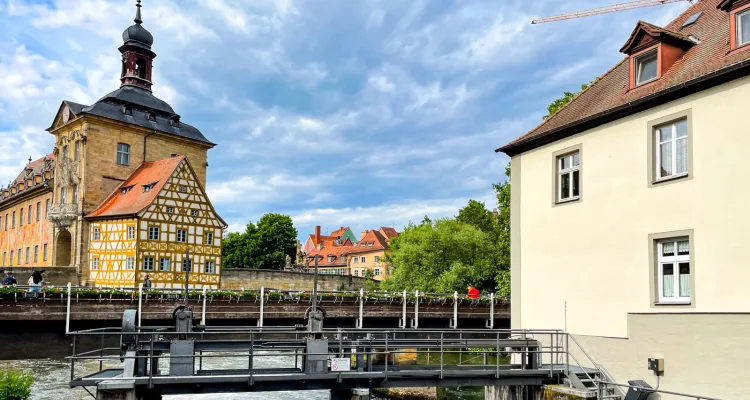 On the banks of the Regnitz with a view of the Old Town Hall, Bamberg
